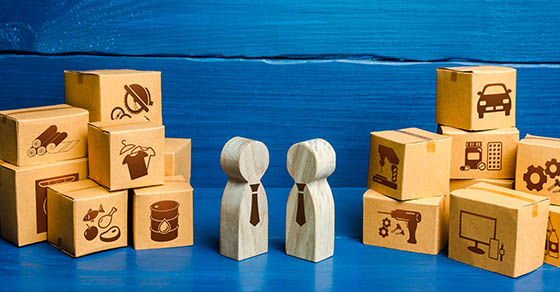 People figures conducting business negotiations and boxes. Trade goods and services, business process. Barter. Economy. Production and retail of products. Transportation, logistics and distribution.