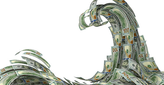 Financial crisis concept. Money wave isolated on white. 3d illustration