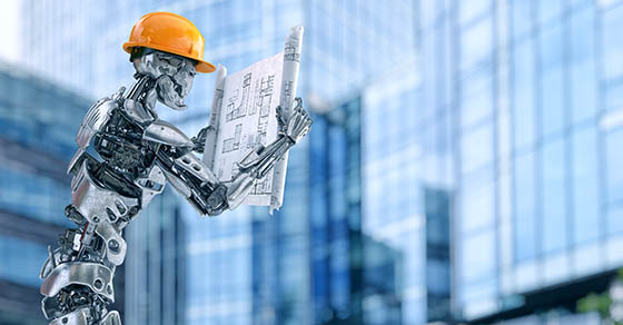 Robot foreman engineer in hardhat holding construction drawings against city background. Android, humanoid or cyborg artificial intelligence technology concept. Clipping path included.3D illustration.