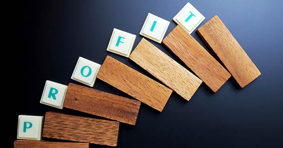 Profit concept. The words spelled by letters with wood block on black background. Space for texts. Dark tone.