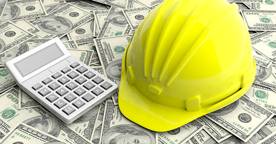 Construction cost concept. Hard hat and calculator on dollars banknotes background. 3d illustration